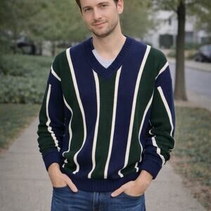 Vintage Men's Claiborne Navy  Green Stripe V Neck  Sweater Medium